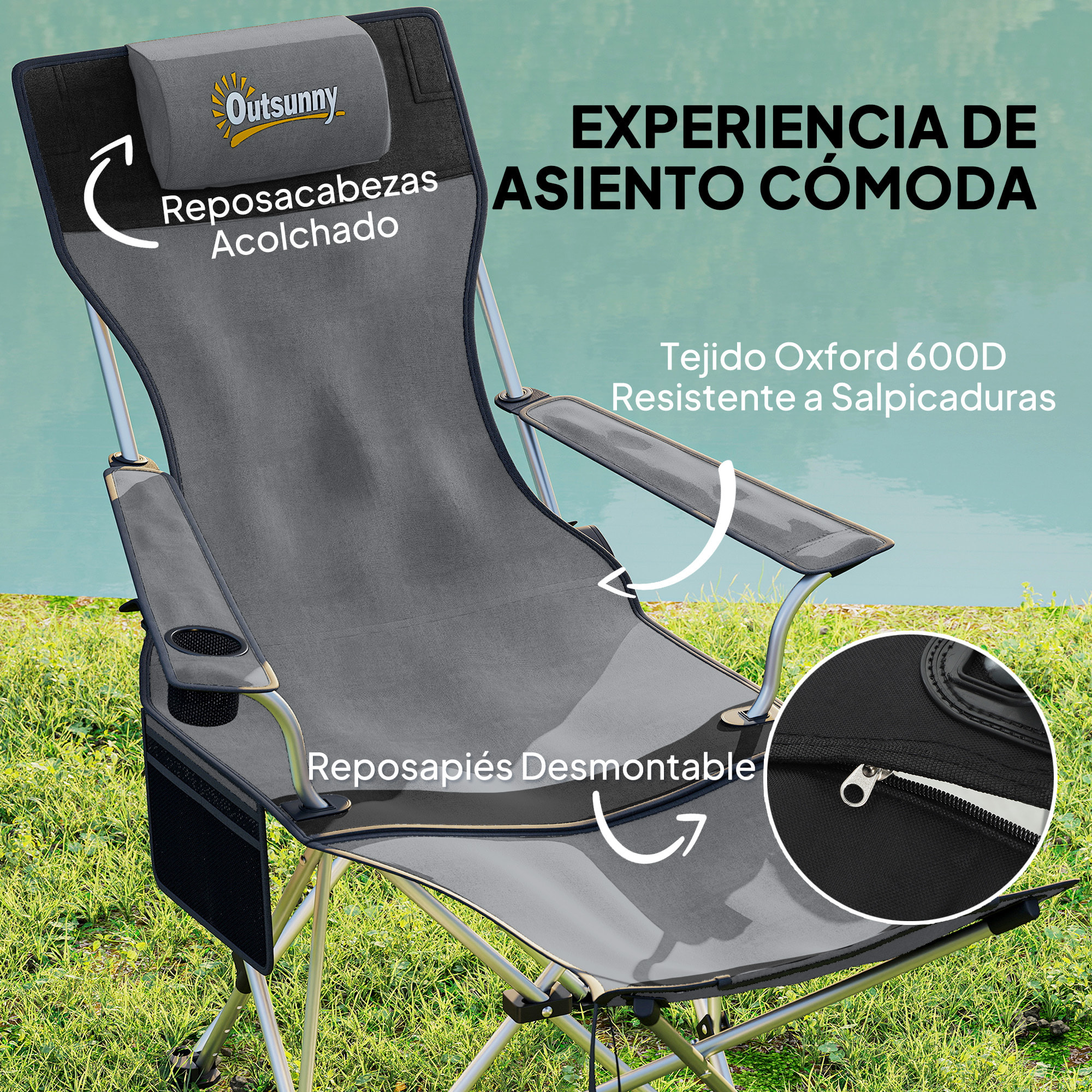 Conjunto de 2 Sillas Plegables Camping Tumbonas Camping Portátiles con Reposapiés Desmontable Reposacabezas Portavasos y Bolsa Lateral Carga 120 kg para Jardín Playa Pesca Gris y Negro