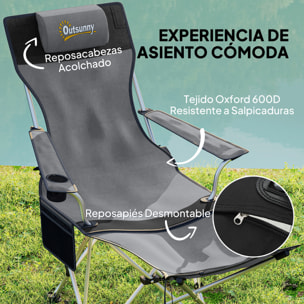 Conjunto de 2 Sillas Plegables Camping Tumbonas Camping Portátiles con Reposapiés Desmontable Reposacabezas Portavasos y Bolsa Lateral Carga 120 kg para Jardín Playa Pesca Gris y Negro