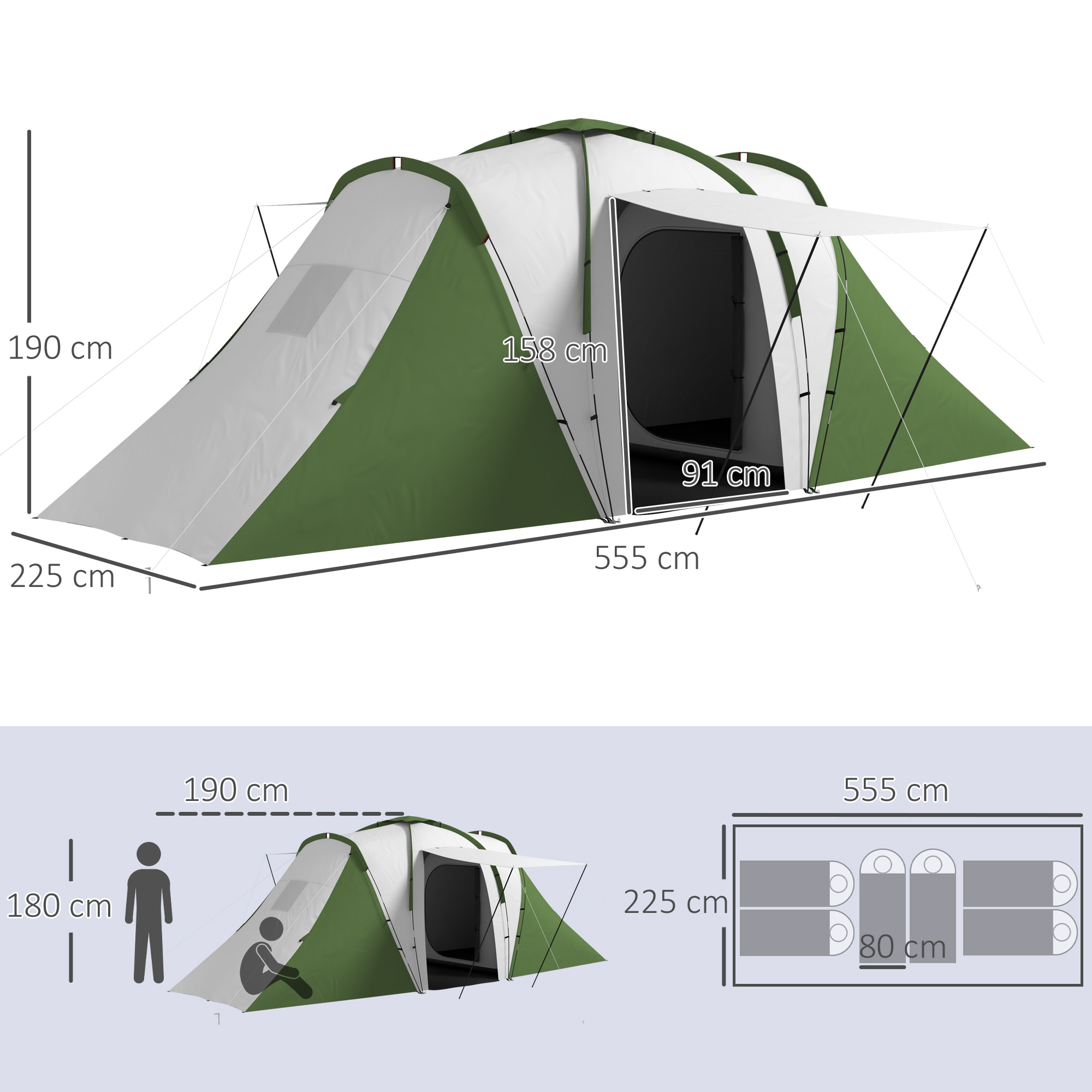 Tienda de Campaña Familiar para de 4-6 Personas con 2 Dormitorios Tienda de Camping Plegable Impermeable 3000 mm con Bolsa para Senderismo 555x225x190 cm Gris y Verde