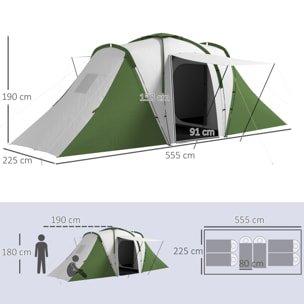 Tienda de Campaña Familiar para de 4-6 Personas con 2 Dormitorios Tienda de Camping Plegable Impermeable 3000 mm con Bolsa para Senderismo 555x225x190 cm Gris y Verde