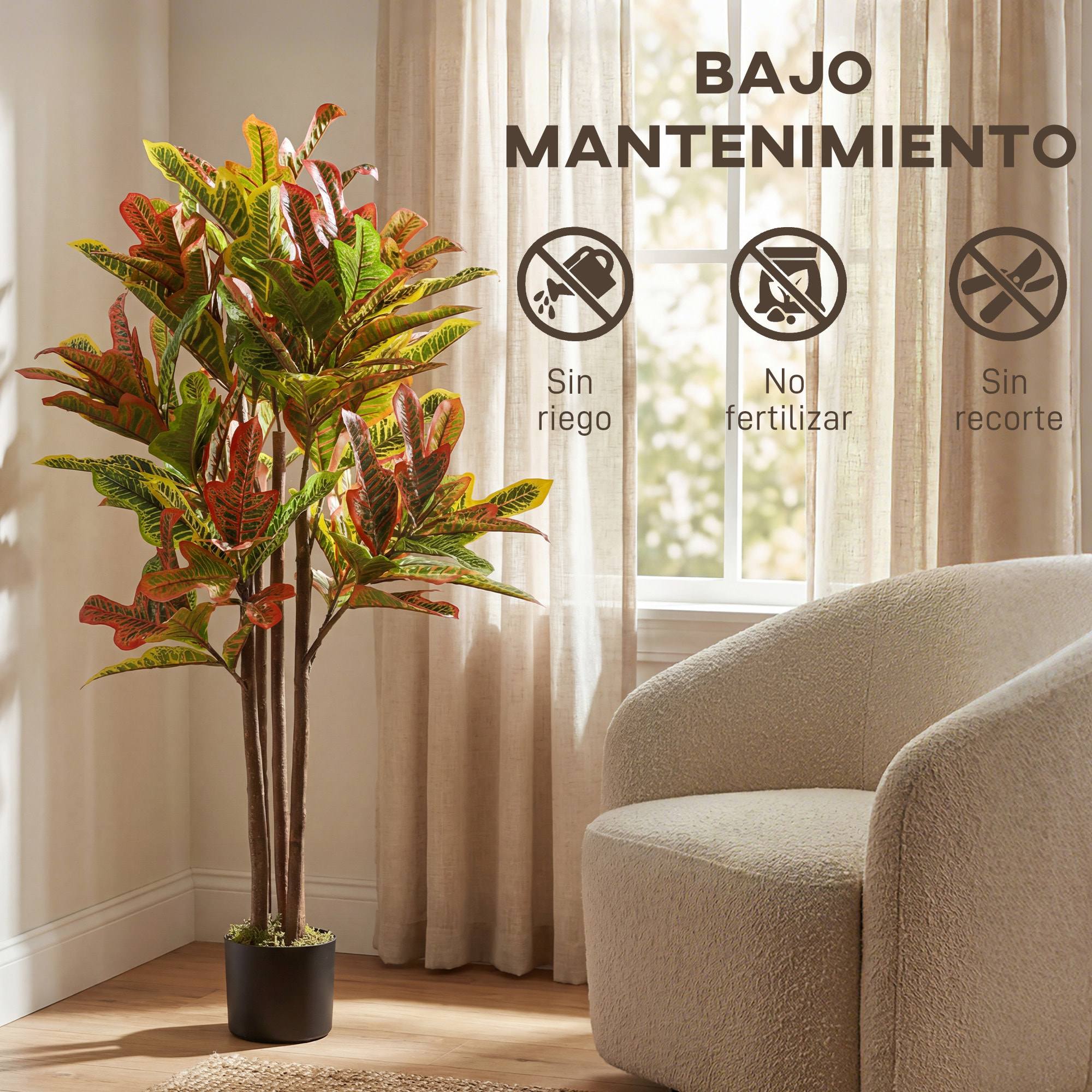 Crotón Artificial 120 cm, Planta Artificial Decorativa con Maceta y Hojas, para Decoración del Interior, Hogar, Oficina, Salón, Multicolor