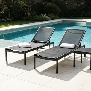 Lot de 2 bains de soleil inclinables noir avec roues en aluminium CARA