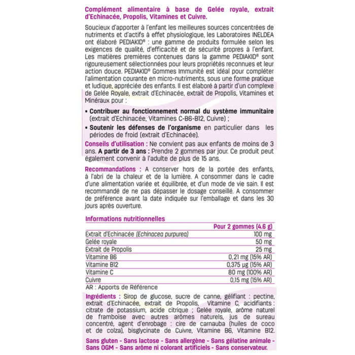 PEDIAKID - Gommes Immunité - Formule Naturelle au Délicieux Arôme de Framboise - Contribue au Fonctionnement Normal du Système Immunitaire - Soutient les Défenses de l'Organisme - Lot de 3 piluliers