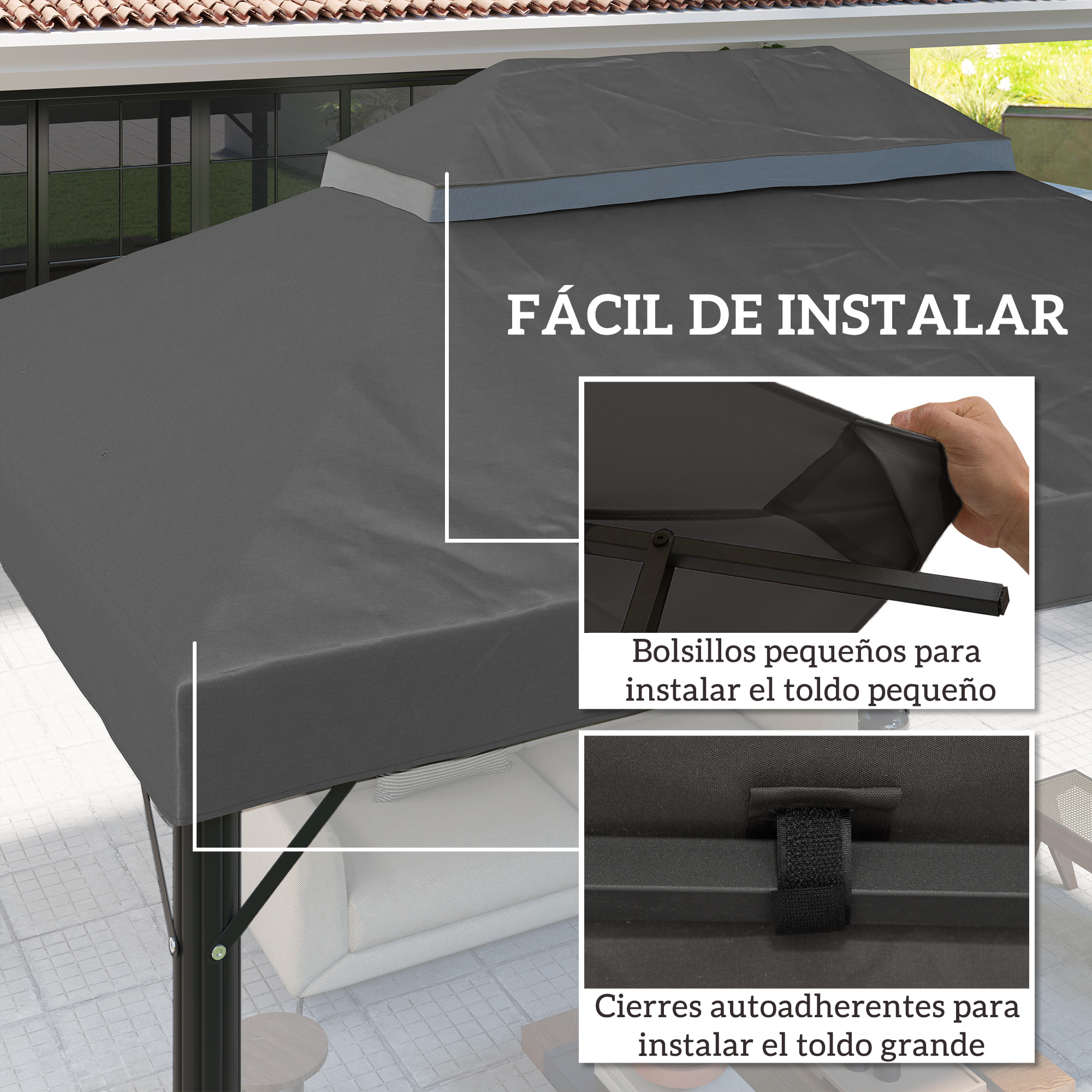 Techo de Repuesto para Cenador, 4x3 m, Cubierta de Repuesto con Techo Doble, Orificios de Drenaje y Protección UPF30+, SOLO Toldo de Recambio para Pabellón Gazebo, Gris Oscuro