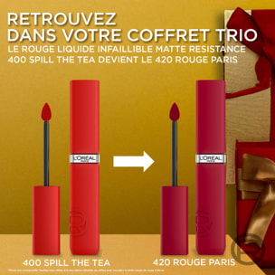 L'Oréal Paris Telescopic Lift Noir, Felt tip Eyeliner Noir, Infaillible Matte Resistance Rouge.