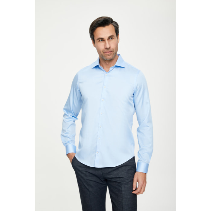 Camicia Uomo 1 Bottone Francese Slim Satin Unito Celeste