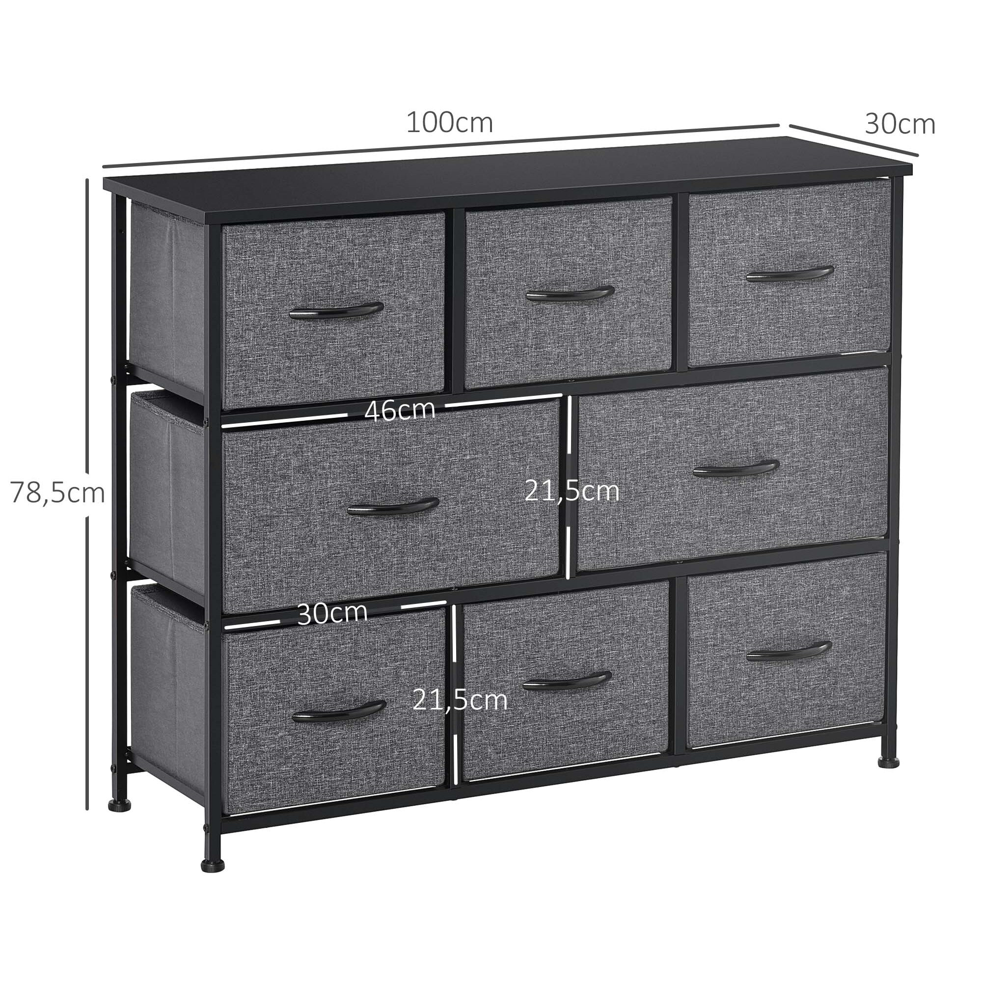 Commode meuble de rangement 8 tiroirs pliables en tissu 100 x 30 x 78,5 cm anthracite