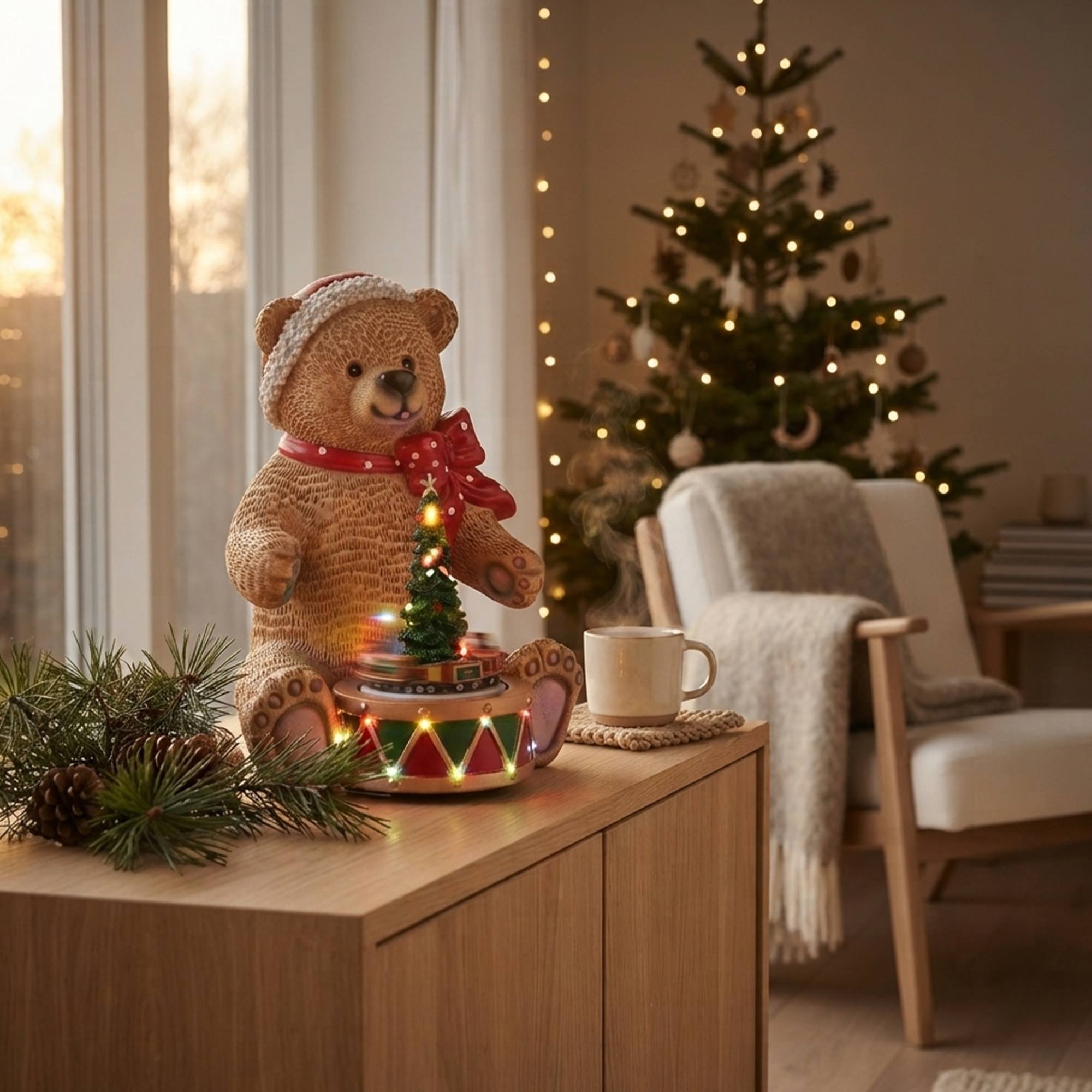 Oso navideño decorativo con tambor, luces led, movimiento y música con 8 villancicos, con usb incluido 19x19x25 cm