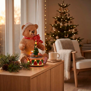 Oso navideño decorativo con tambor, luces led, movimiento y música con 8 villancicos, con usb incluido 19x19x25 cm