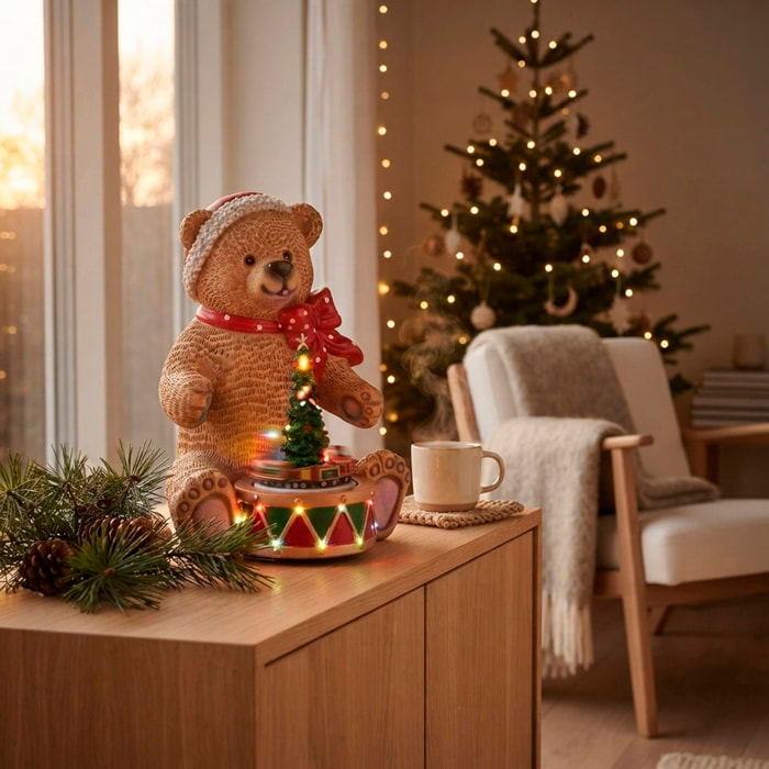 Oso navideño decorativo con tambor, luces led, movimiento y música con 8 villancicos, con usb incluido 19x19x25 cm
