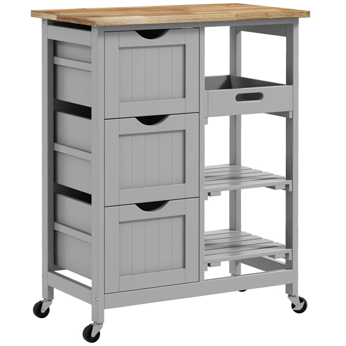 Desserte de cuisine multi-rangement - 3 tiroirs, 2 étagères, plateau amovible - bois hévéa MDF gris