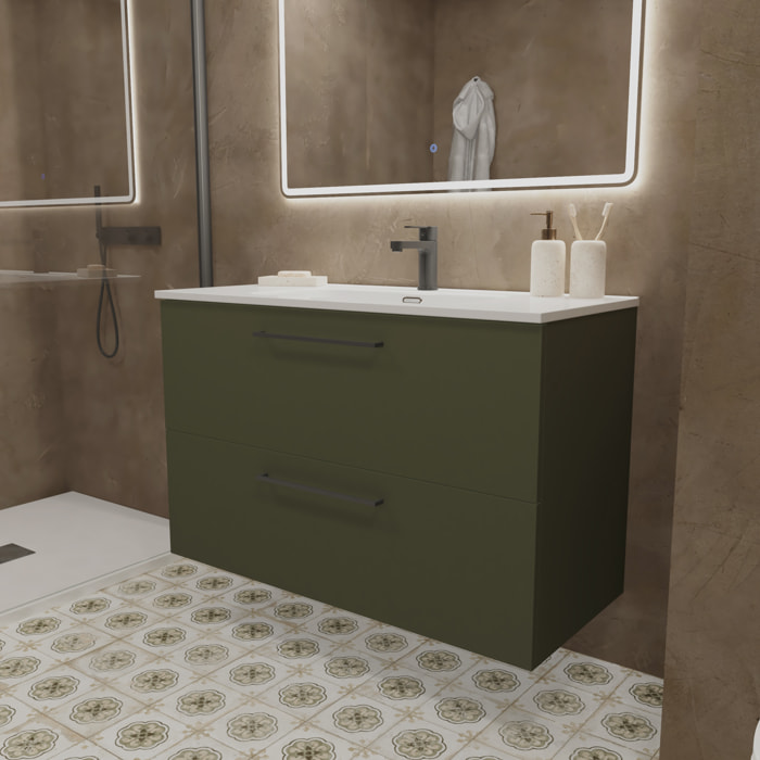 Conjunto de Baño Vex | 100 cm Verde| Dos Cajones | Lavabo Encastrado | No incluye Espejo | Mueble Montado | Alday