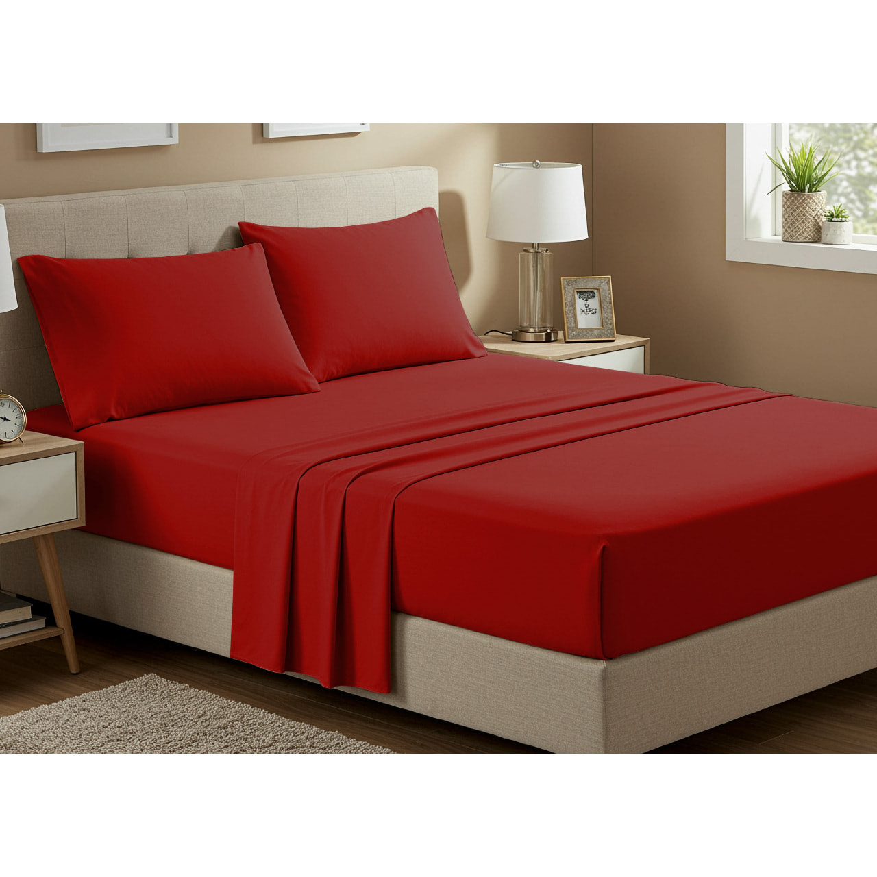 Completo Lenzuola No Stiro In Tinta Unita Con Angolo H.27 cm Colore Rosso