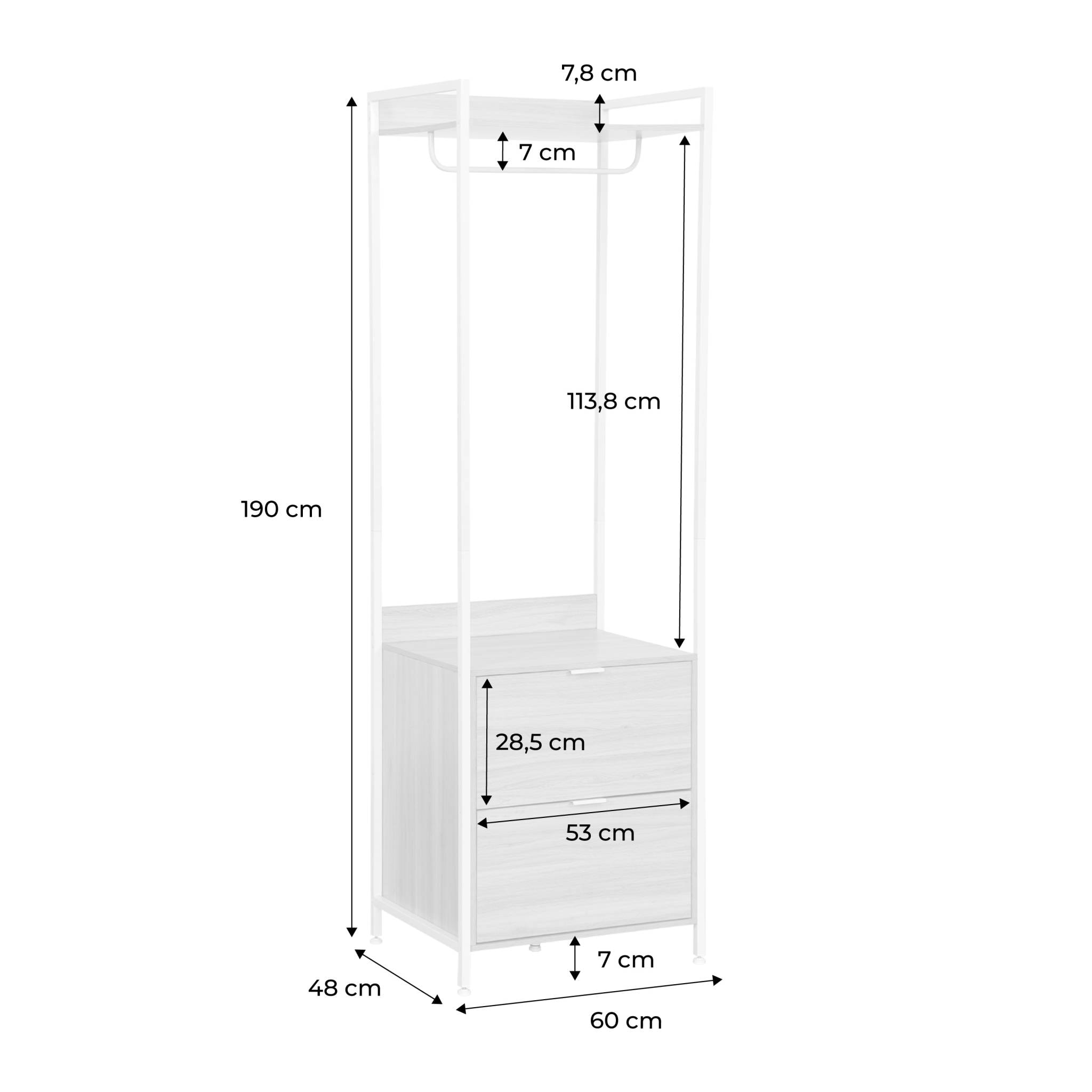 Module dressing blanc avec 1 penderie. 2 tiroirs et 1 étagère. L 60 x P 48 x  H 190 cm