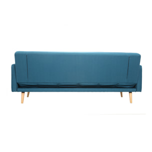 Canapé convertible scandinave 3 places en tissu bleu et bois clair ULLA