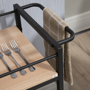 Desserte de cuisine design industriel - plateau, étagère - acier noir aspect bois clair