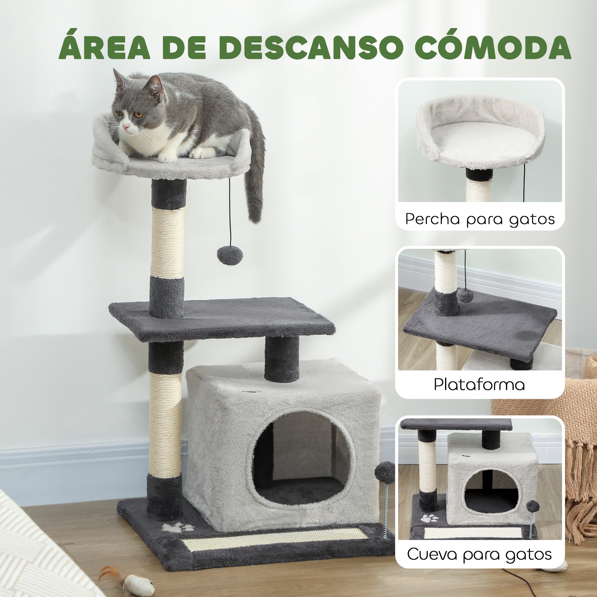 Árbol Rascador para Gatos, Árbol para Gatos 85 cm, Torre Escalador con Plataformas, Cueva, Postes Rascadores, Tapete de Sisal, Bolas, Gris Claro y Negro