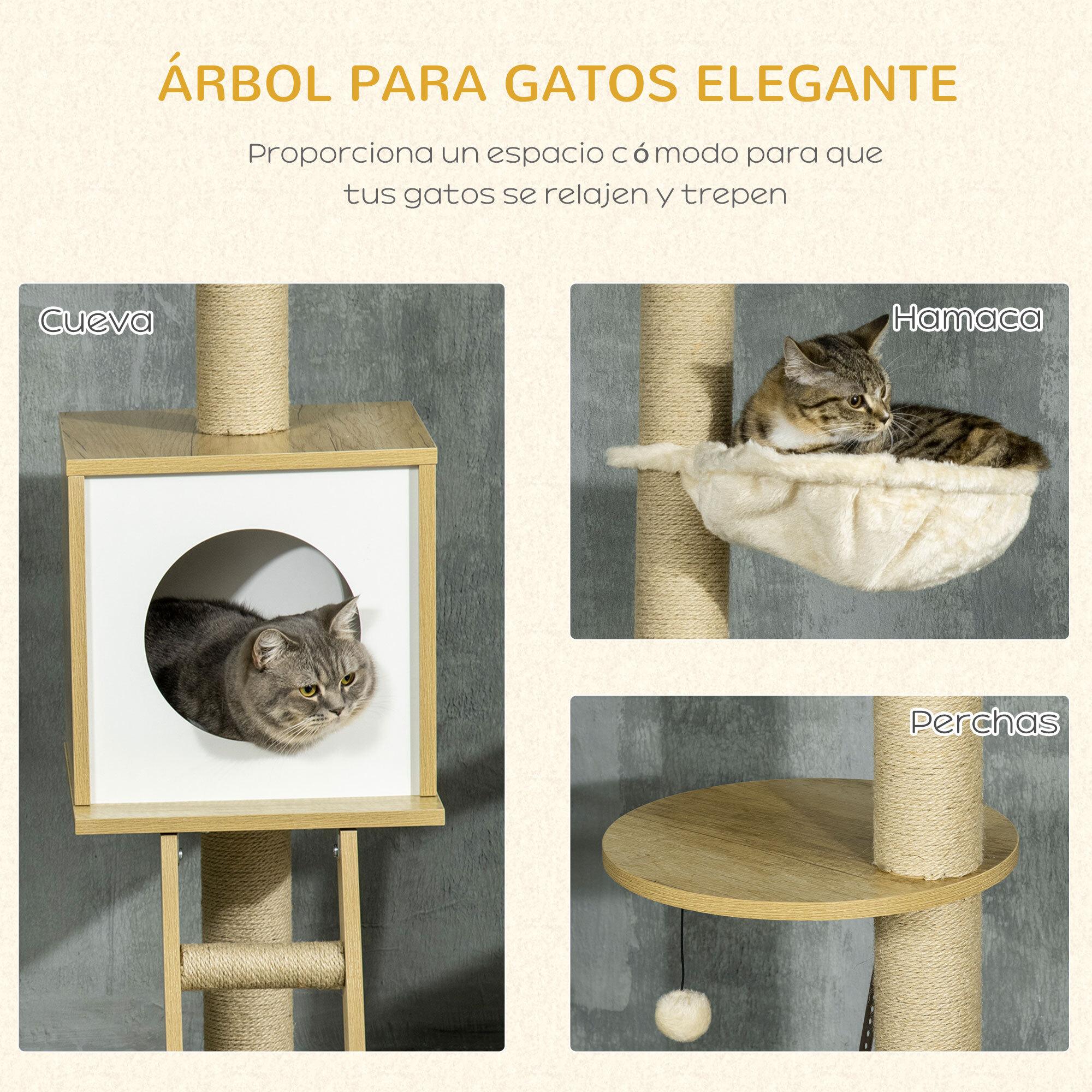 Árbol para Gatos del Suelo al Techo 225-285 cm Altura Ajustable Árbol para Gatos Grande con Plataformas Hamaca Caseta Poste de Yute Rampa y Bolas 40x40x225-285 cm Beige