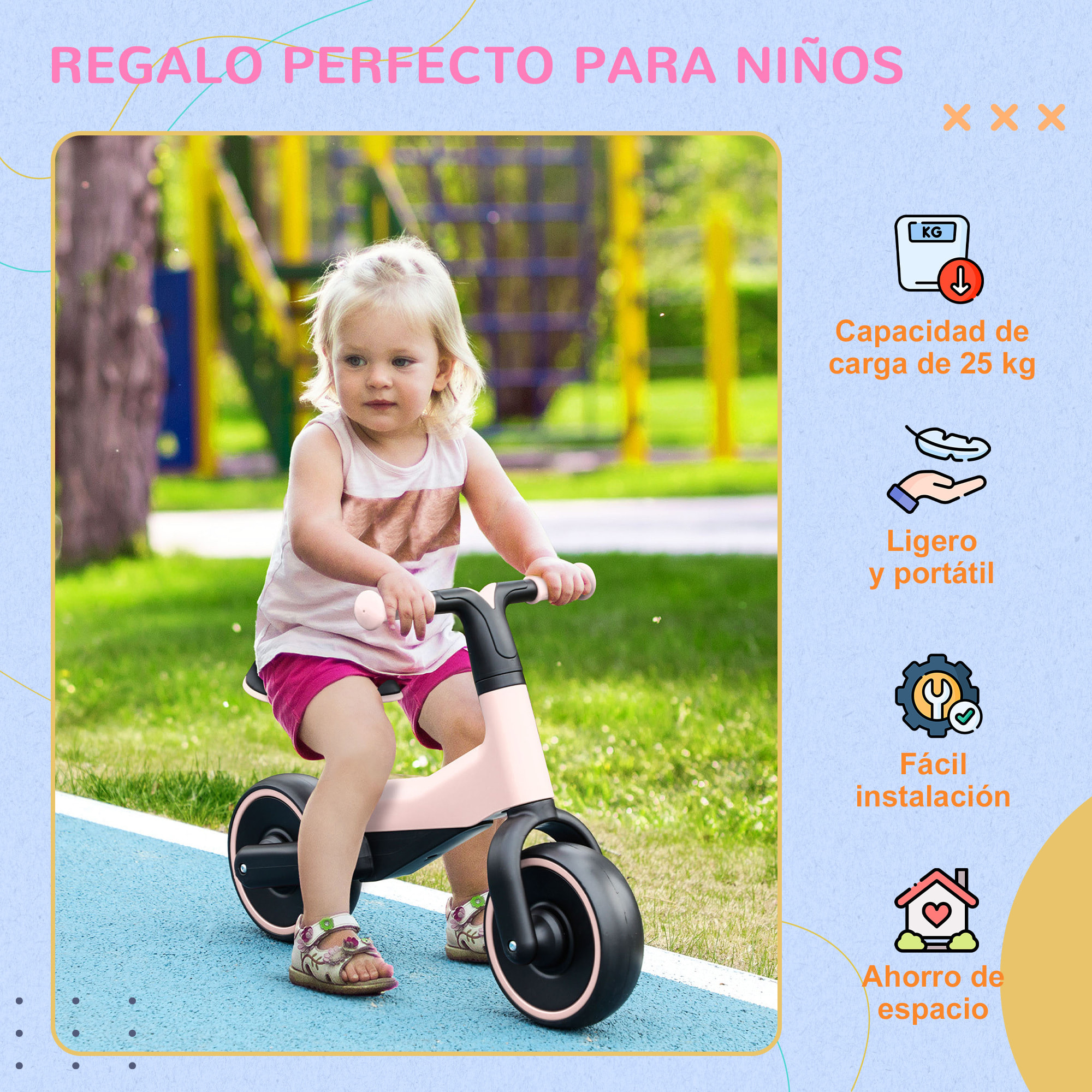 Bicicleta sin Pedales para Niños de +18 Meses Triciclo Infantil para Bebé con Sillín Ajustable en 30-36,5 cm Ruedas de Ø19 cm Carga 25 kg 66,5x34x46,5 cm Rosa