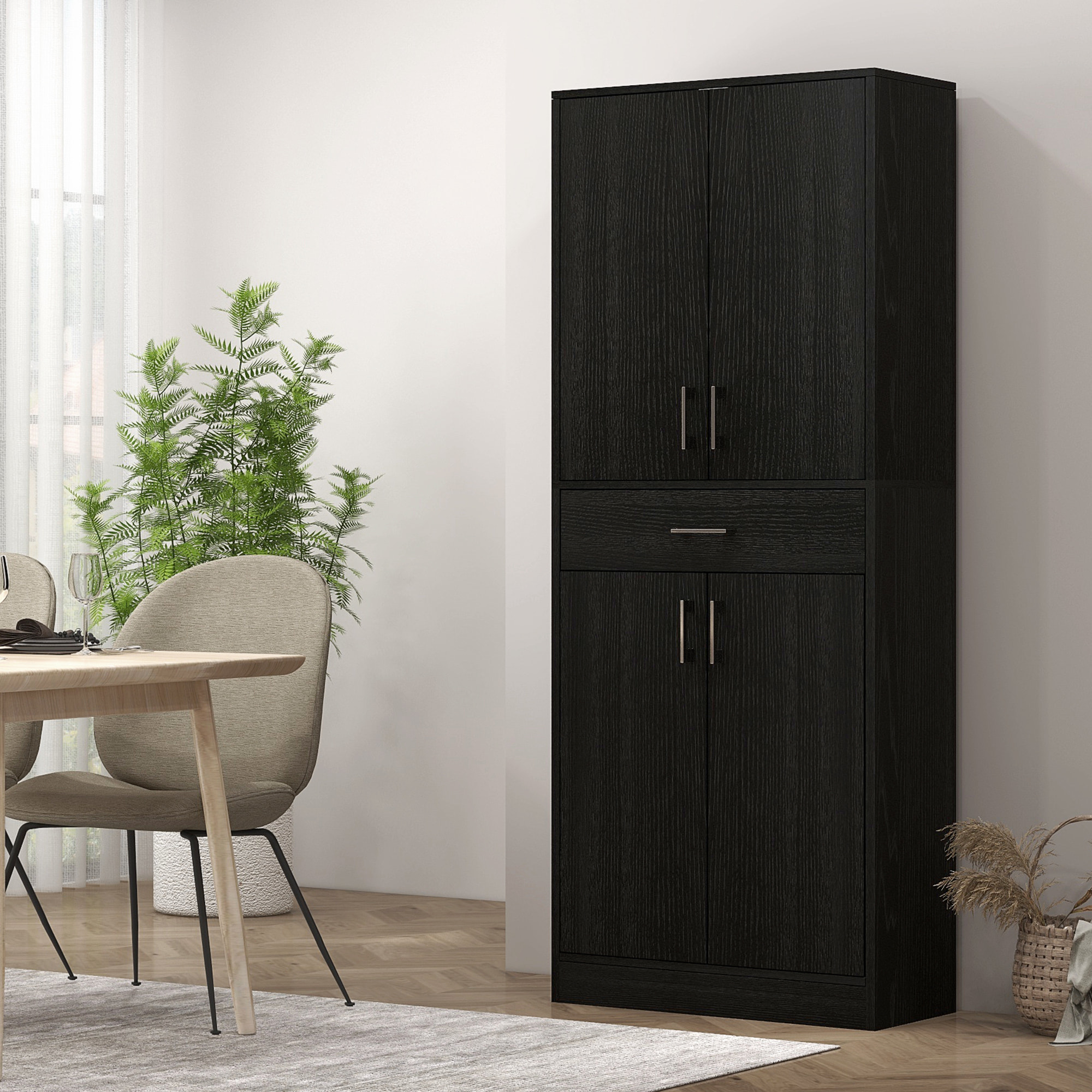 Buffet haut de cuisine style contemporain - 4 portes, 2 étagères réglables, tiroir coulissant - effet bois noir