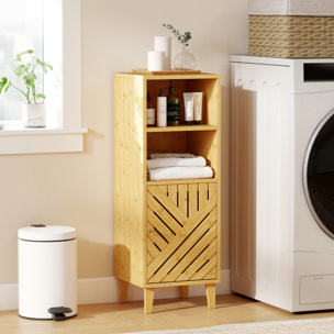 Meuble de salle de bain, meuble de rangement, armoire salle de bain avec 1 placard, 2 compartiment ouvert, porte et pieds en bambou, 32 x 30 x 90 cm, effet bois naturel