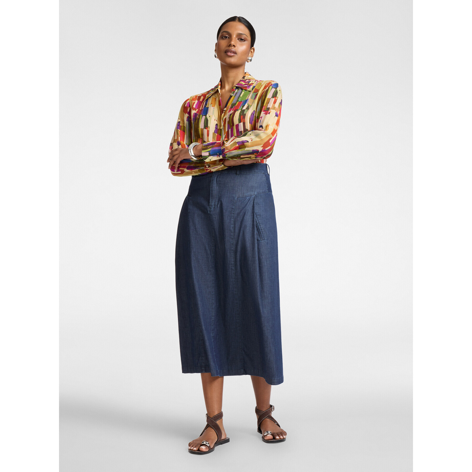 Elena Mirò - Gonna longuette in Chambray linea ad A - Blu