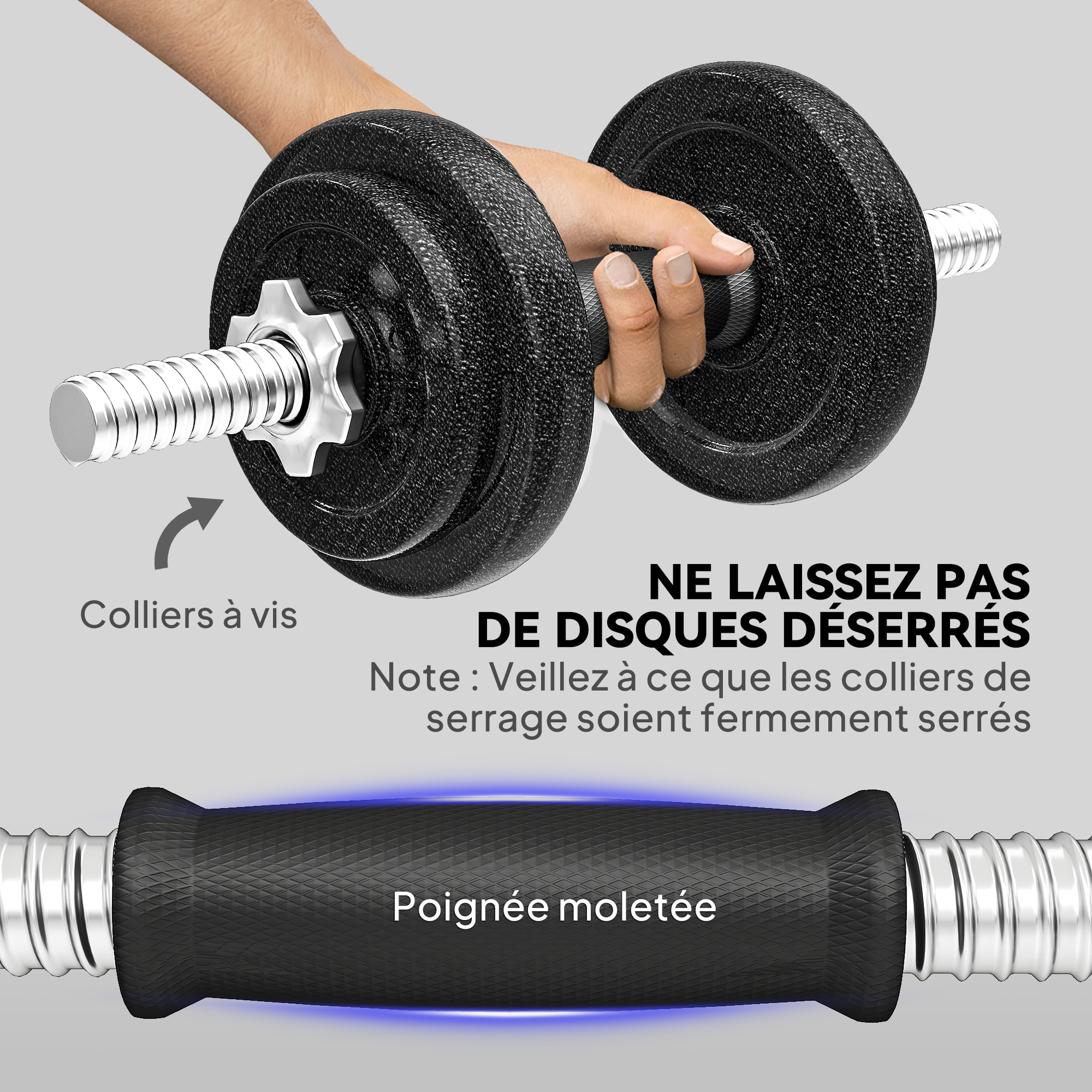 Ensemble d'haltères barre de musculation 2 en 1 - total 20 Kg - acier gris