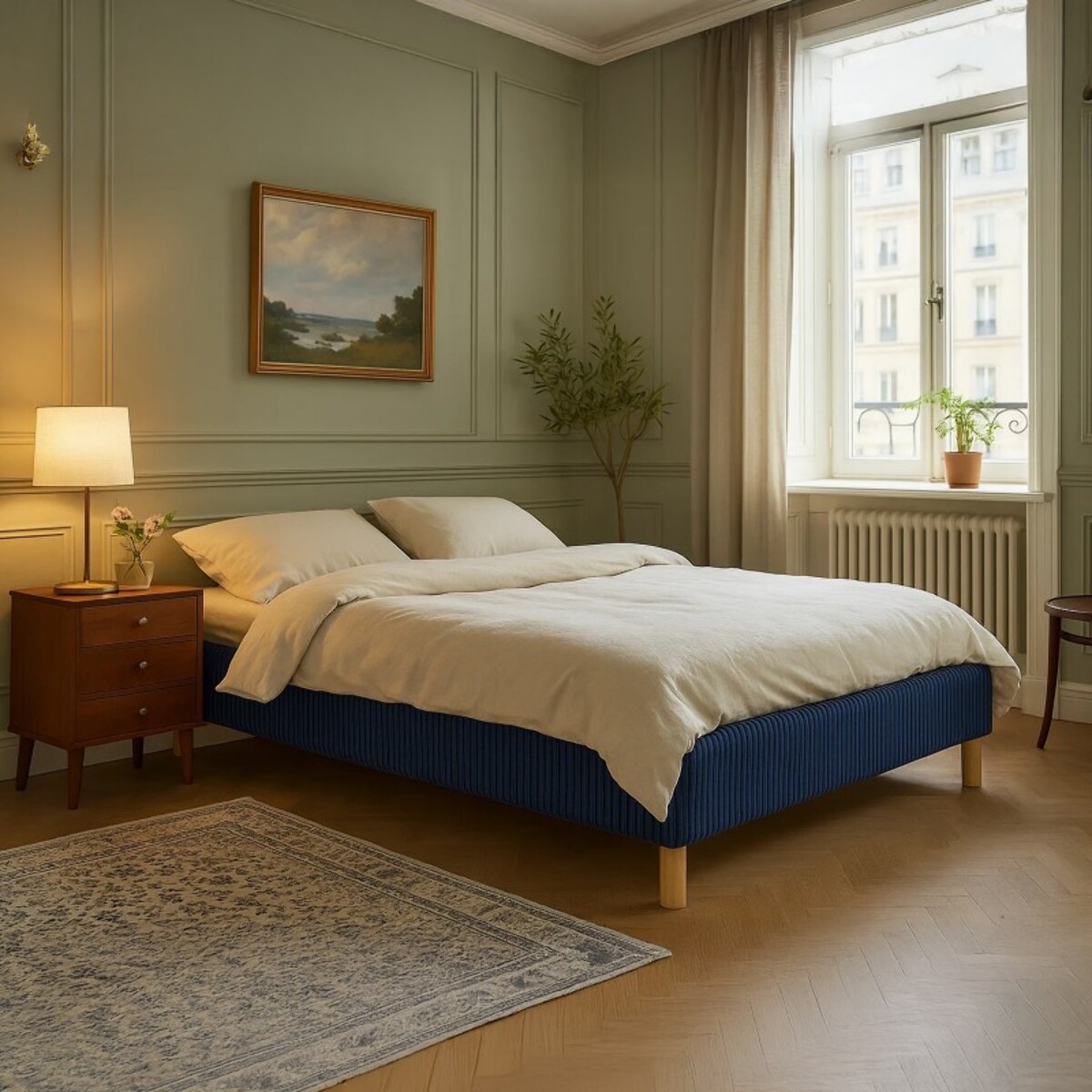 Lit Cancun | Cadre à lattes | Robustesse et confort | Montage simple rapide | Velours Côtelé | Bleu nuit