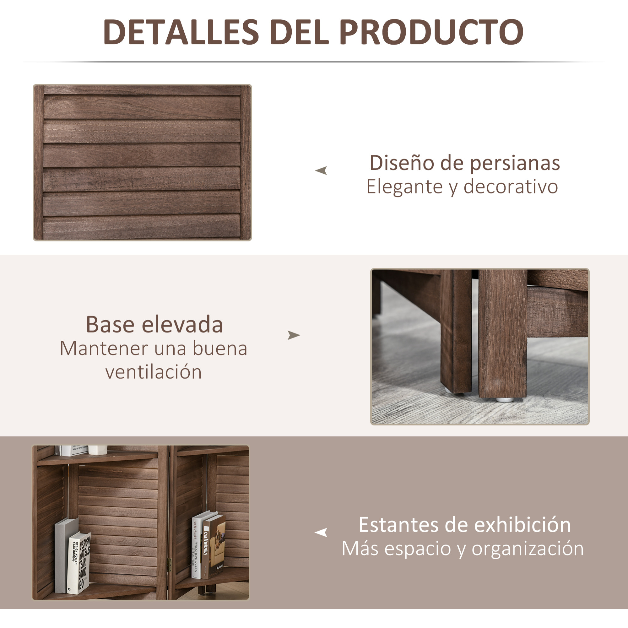 Biombo Plegable de 4 Paneles de Madera, 162x170 cm, Biombo Separador de Ambientes con 3 Estantes, Diseño de Persianas, Decoración para Dormitorio, Salón, Nogal