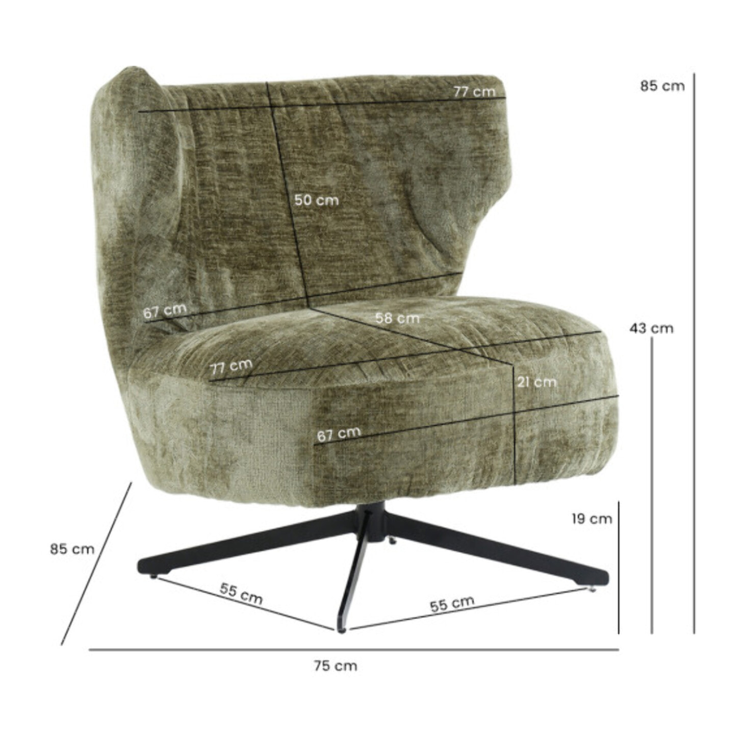 Fauteuil rotatif 360° tissu doux avec pieds en métal noir - EUGENE
