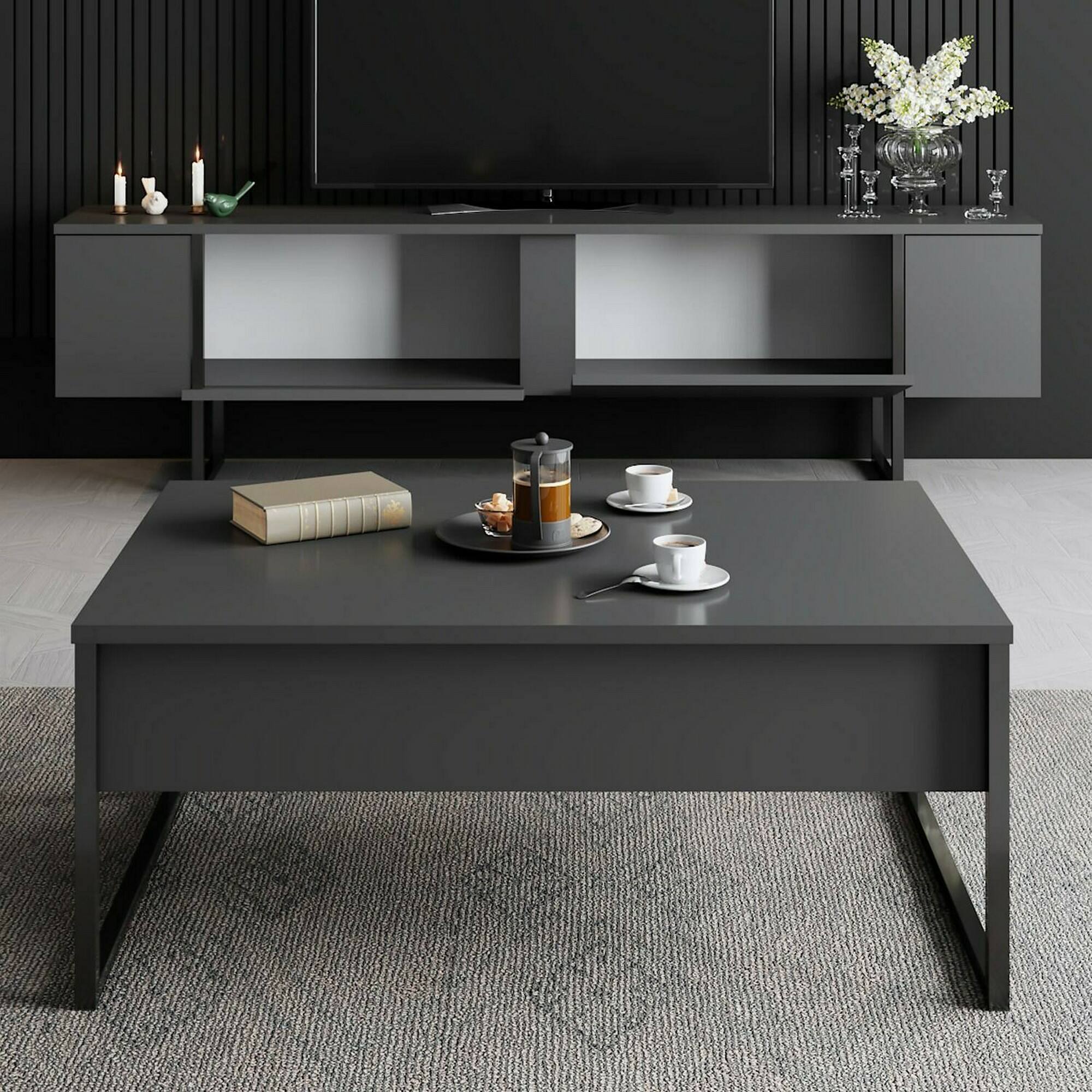 Mobile porta TV Abishia, Credenza da soggiorno, Armadio basso per TV, Base parete attrezzata, 180x30h50 cm, Antracite e Nero