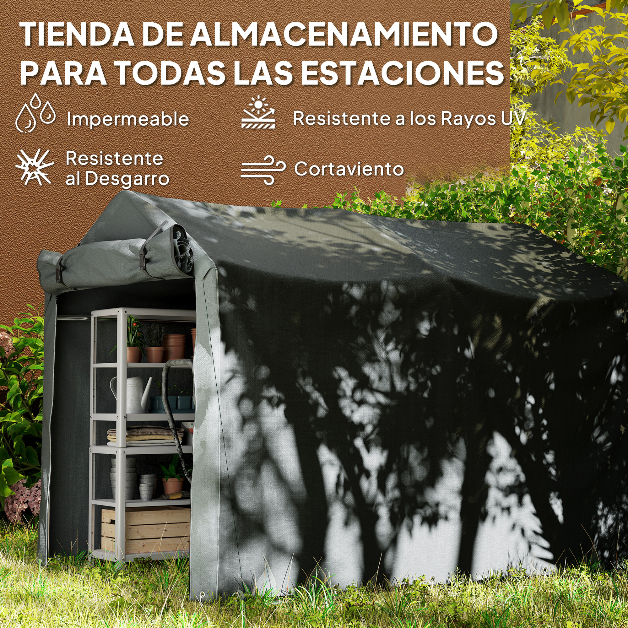 Carpa de Jardín Exterior para Herramientas Bicicletas 2,2x1,57x1,65 m, Cobertizo Exterior con Puerta Desmontable con Cremallera, Impermeable, Anti-UV, Garaje Portátil, Gris Oscuro