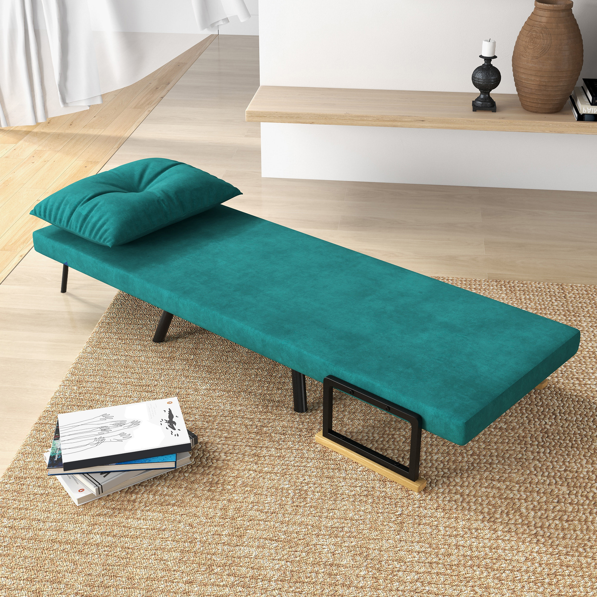 Sofá Cama de 1 Plaza 4 en 1, Sofá Cama Plegable Tapizado en Terciopelo con Respaldo Ajustable de 5 Niveles y Almohada Acolchada, para Oficina, Dormitorio, Salón, 63x73x81 cm, Verde