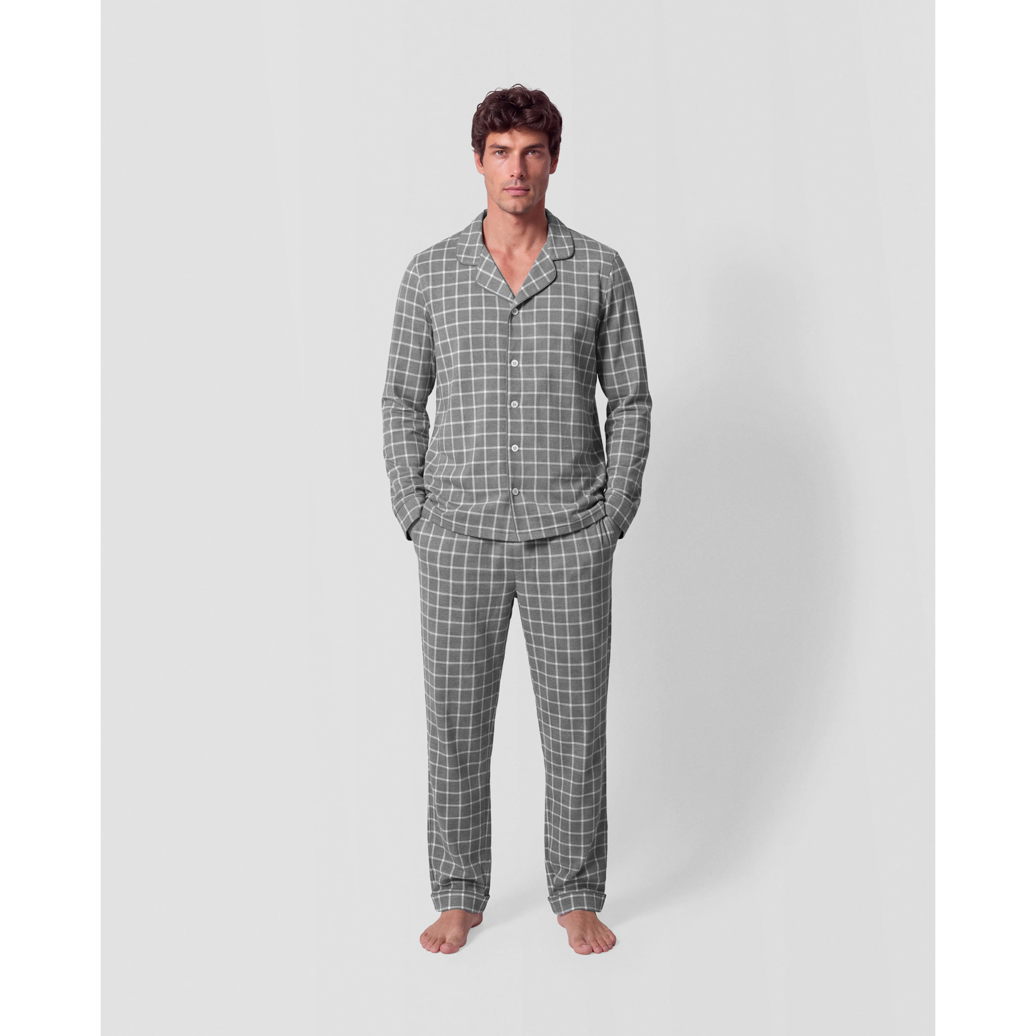 Pijama largo camisero algodón hombre cuadro roberto gris