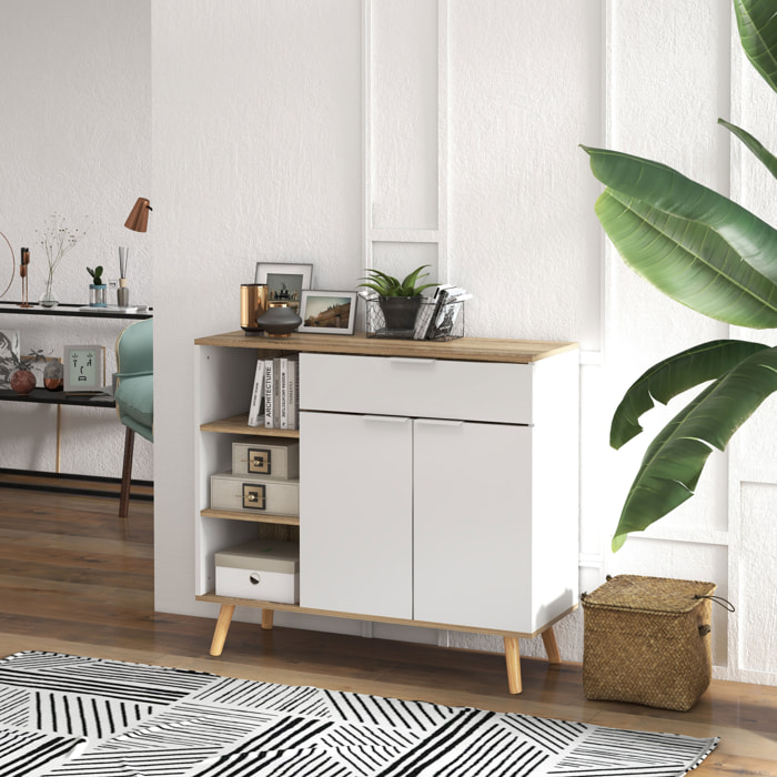 Buffet design scandinave - 2 portes, étagère, tiroir, 3 niches - piètement bois pin panneaux blanc aspect chêne clair