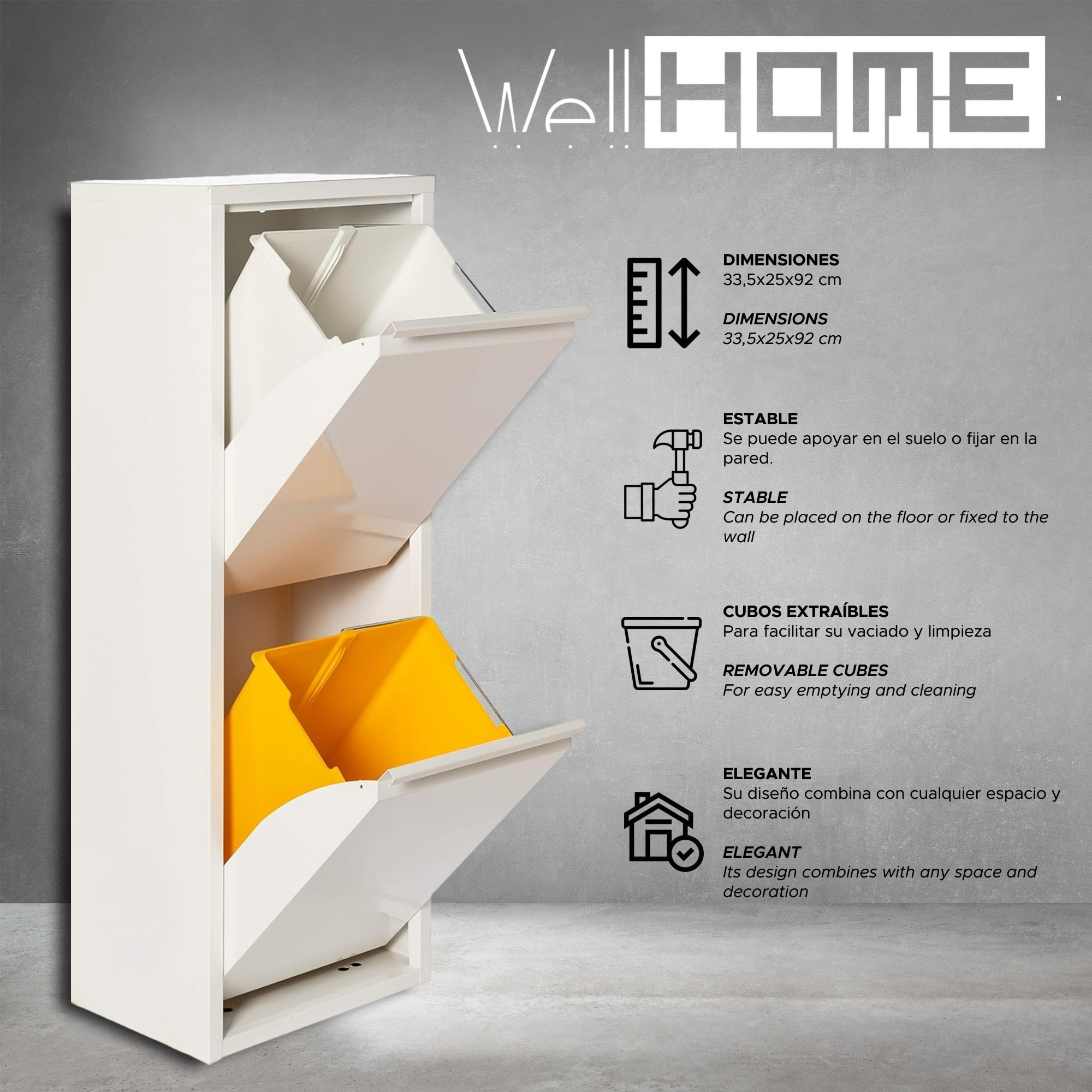 Well home - cubo de basura y reciclaje metálico de 2 compartimentos, 2x17l (34l) blanco mate