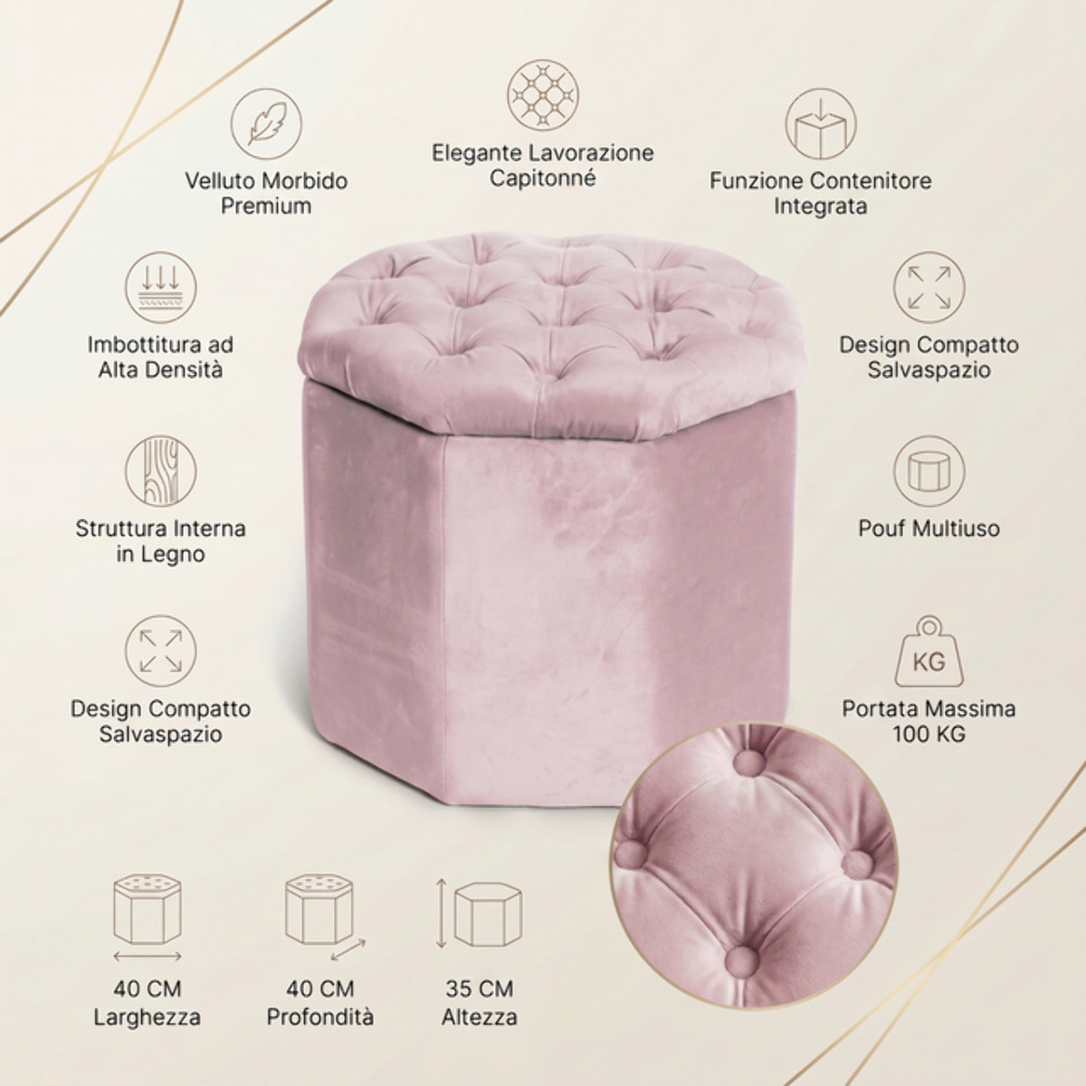 Pouf contenitore ottagonale in velluto - ROSA ANTICO