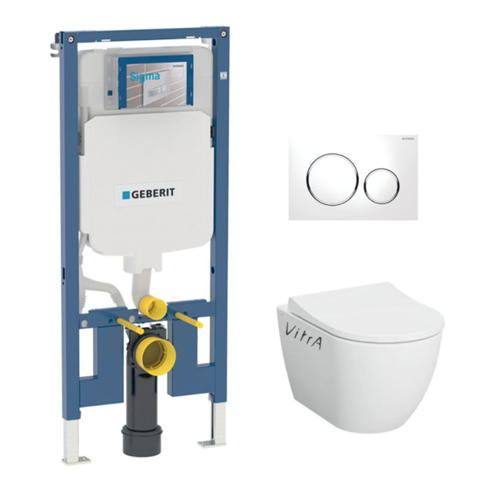 Pack bâti-support Geberit extra-plat UP720 + WC sans bride Vitra S60 + Abattant SoftClose + Plaque blanche (SLIM-S60-C)