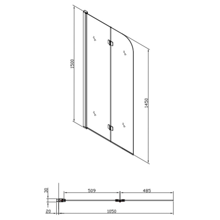 Pare-baignoire pliable, 2 parties, en verre, 150x105cm, Chrome (SATVZSK105)