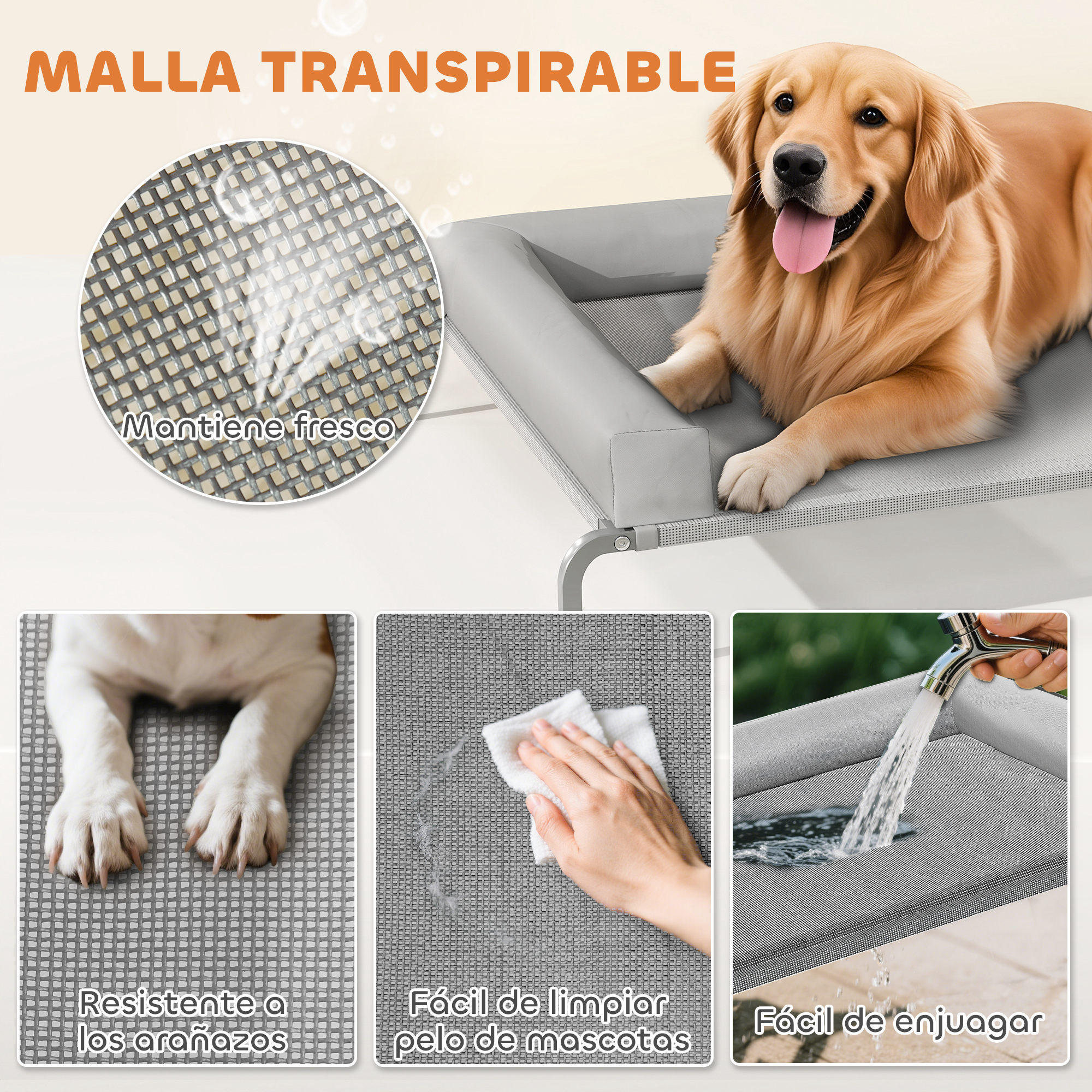 Cama Elevada para Perros Refrescante con Refuerzos Extraíbles Cama Elevada para Perros Grandes Portátil con Malla Transpirable Marco de Acero para Interior Exterior 130x90x30 cm Gris Claro