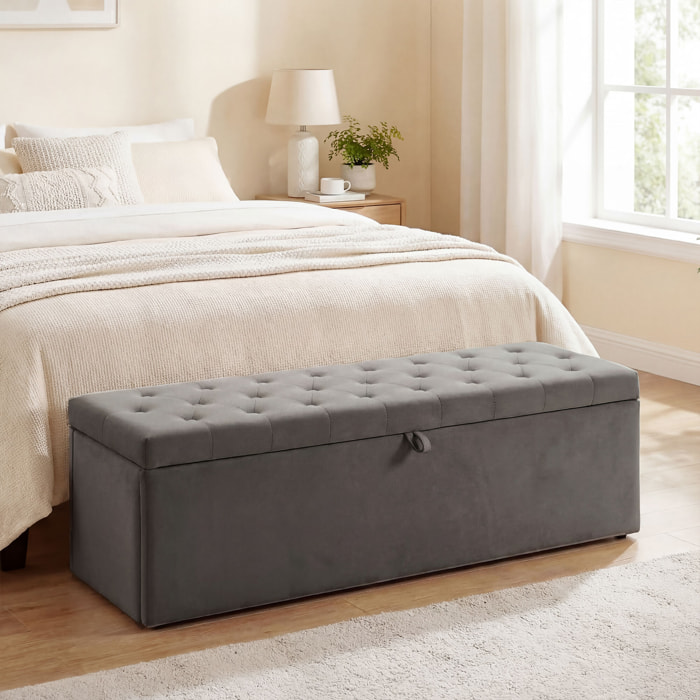 Puff Almacenaje, Banco Almacenaje, 141L, 137x41x42 cm, Tapizado en Terciopelo, Baúl de Almacenamiento, Carga 240 kg, Taburete para Sala de Estar, Dormitorio, Entrada, Gris