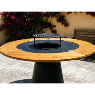Barbecue rond avec plaque de cuisson et de gril en acier et planche en bois