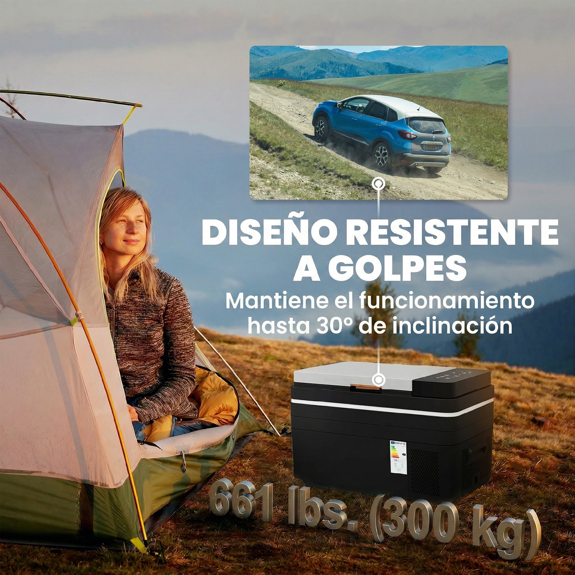 Nevera Portátil Eléctrica 30L 12/24/240V Refrigerador de Coche con Compresor Control por App Bluetooth Pantalla Luz LED Modos ECO y MAX de -20℃ a +20 ℃ Asa Carga 300 kg para Camión Camping