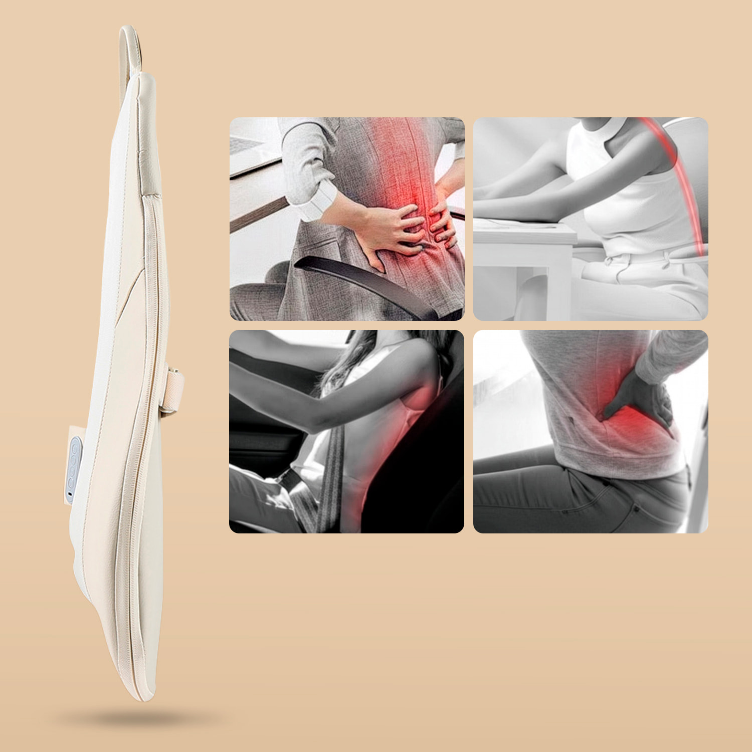 Masajeador ergonómico recargable HY-KB-2025 para espalda, cuello y hombros. 3 modos de masaje con 2 velocidades. 2 intensidades de calor, cinta de ajuste para sillas y asientos.