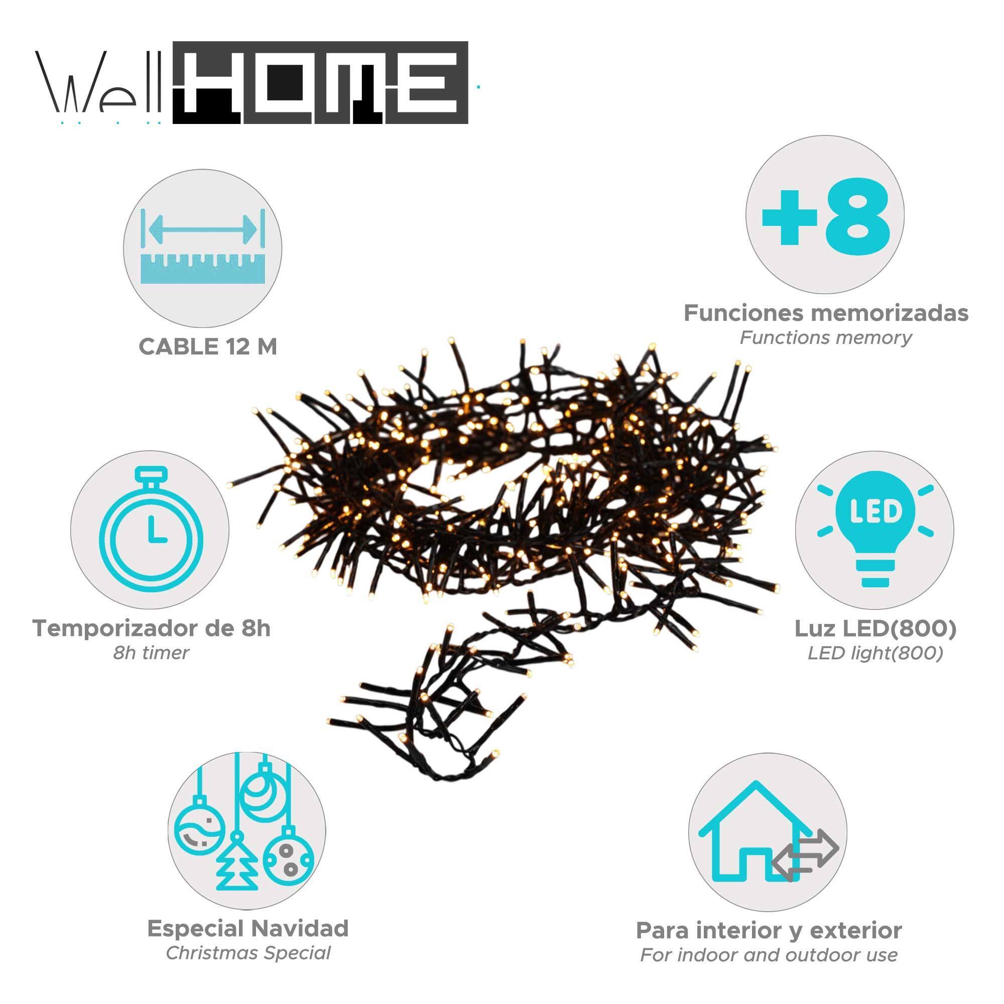luces de navidad de 800 luces led blancas extra cálidas con 8 funciones y temporizador - 12 metros