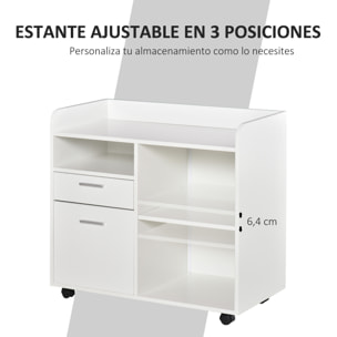 Armario para Impresora Carro Multifuncional de Oficina con 3 Compartimentos 2 Cajones para Archivos Estante Ajustable Ruedas con 2 Frenos 80x40x72 cm Blanco