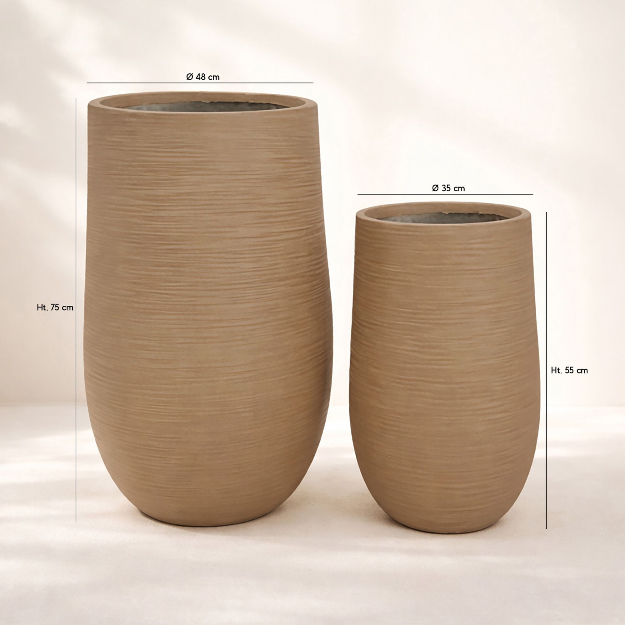 Set de 2 pots ronds hauts en fibre d'argile marron 55/75cm COMPORTA