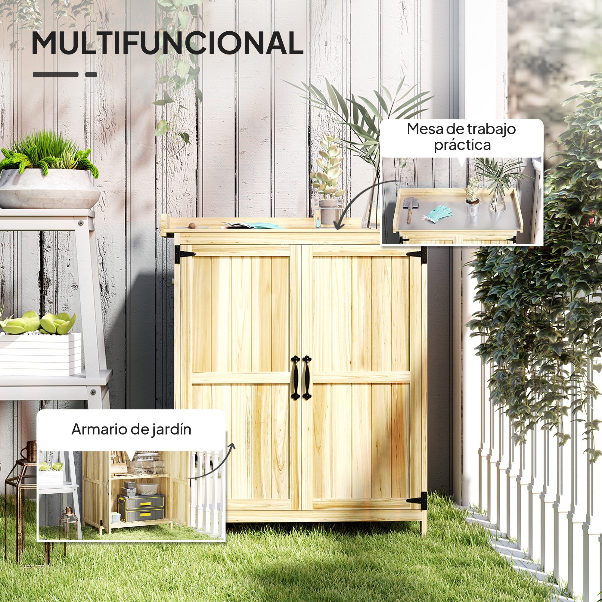 Outsunny Armario de Exterior de Madera, Caseta de Jardín Exterior con Techo Abatible de Acero Inoxidable, Estante, 2 Puertas, Cobertizo de Jardín para Almacenamiento Herramientas, 74x43x88 cm, Natural