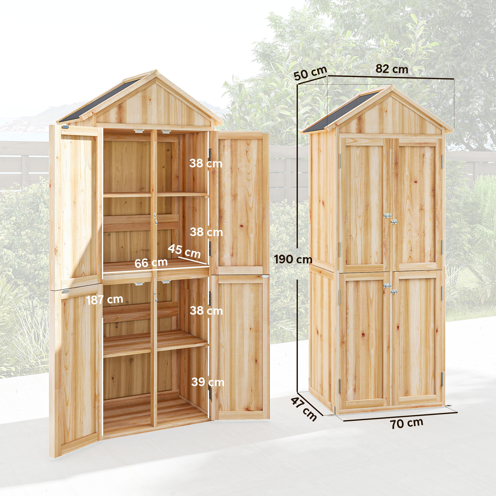 Armoire de jardin bois 4 portes 4 niv. rangement toit double pente bitumé