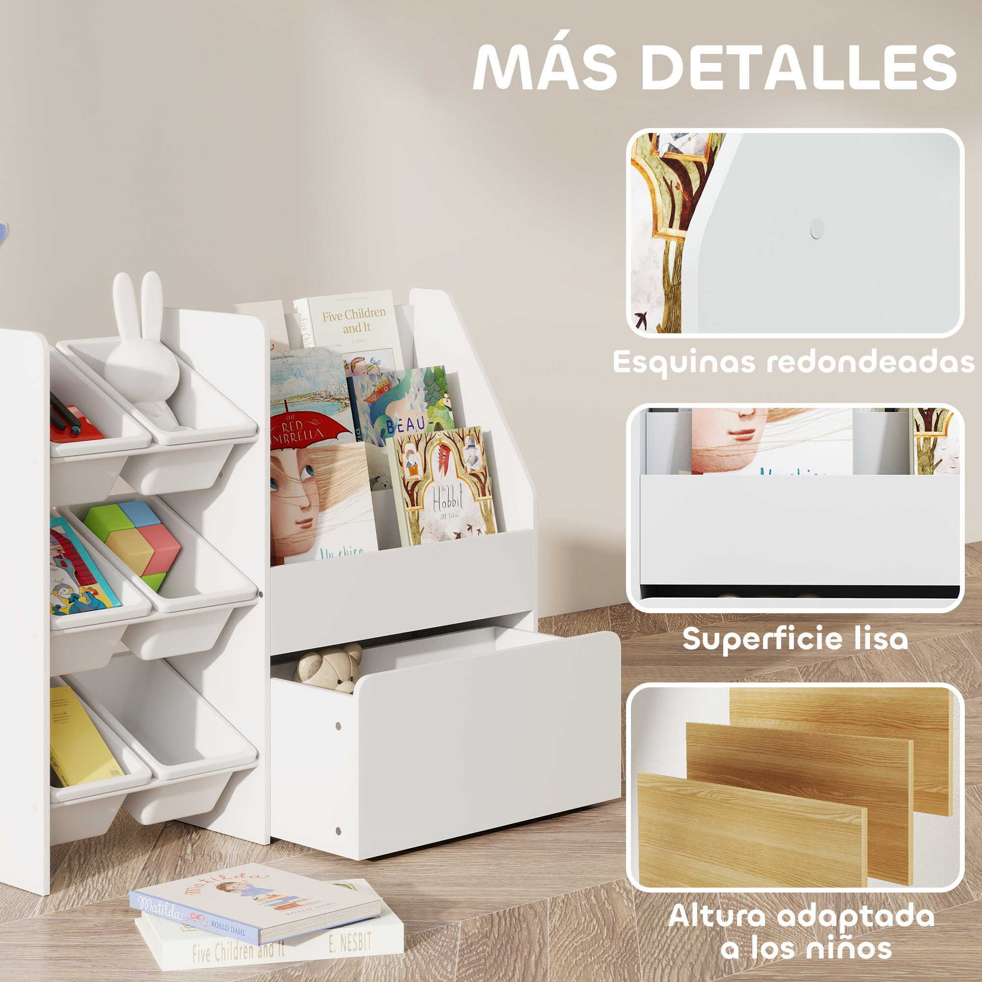 Estantería Infantil para Juguetes, con 6 Cajas Extraíbles, 3 Estantes Abiertos y Cajón Inferior con Ruedas, Organizador de Juguetes para Dormitorio, Sala de Juegos, Guardería, Blanco